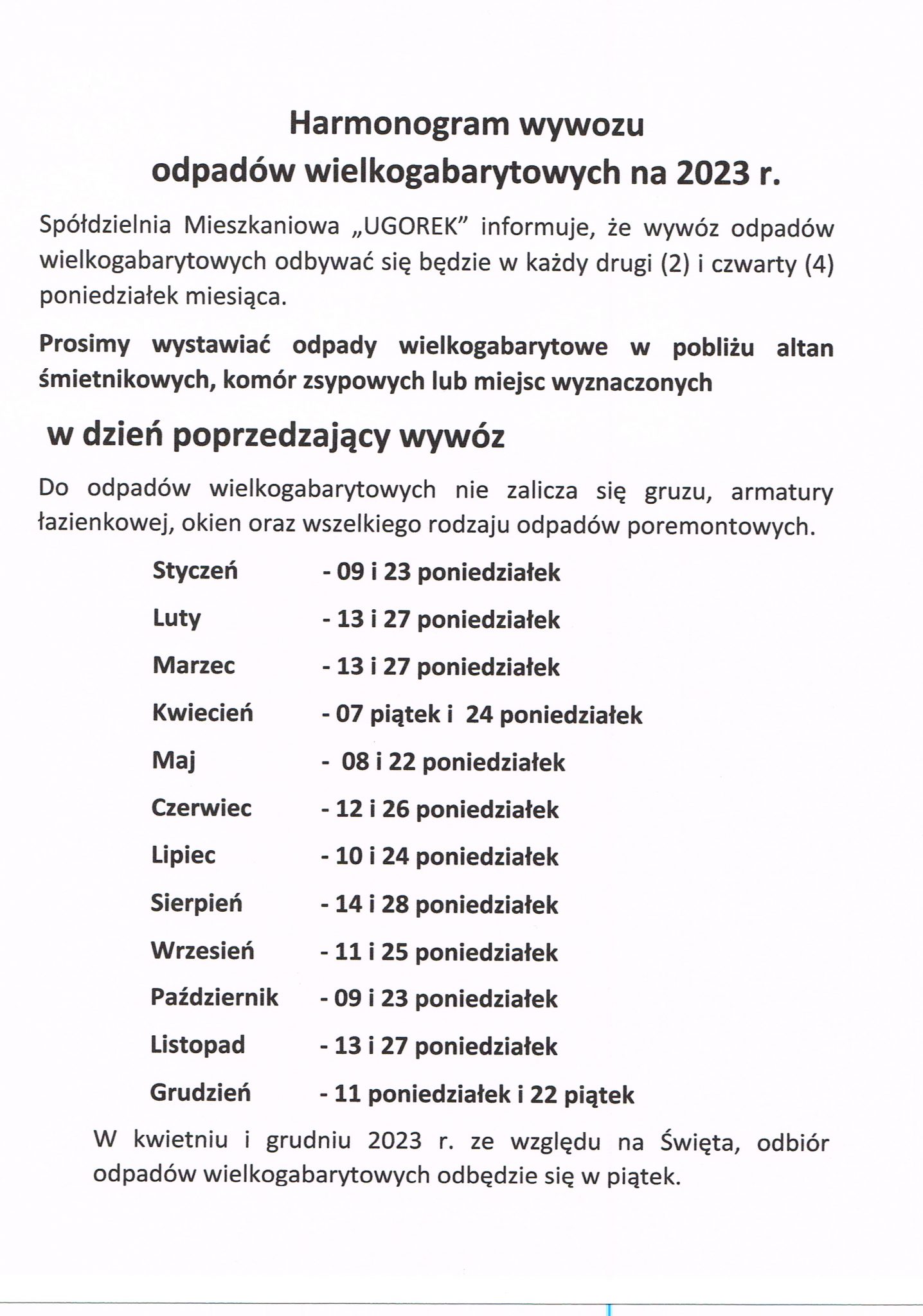 Harmonogram Wywozu Odpad W Wielkogabarytowych Sp Dzielnia